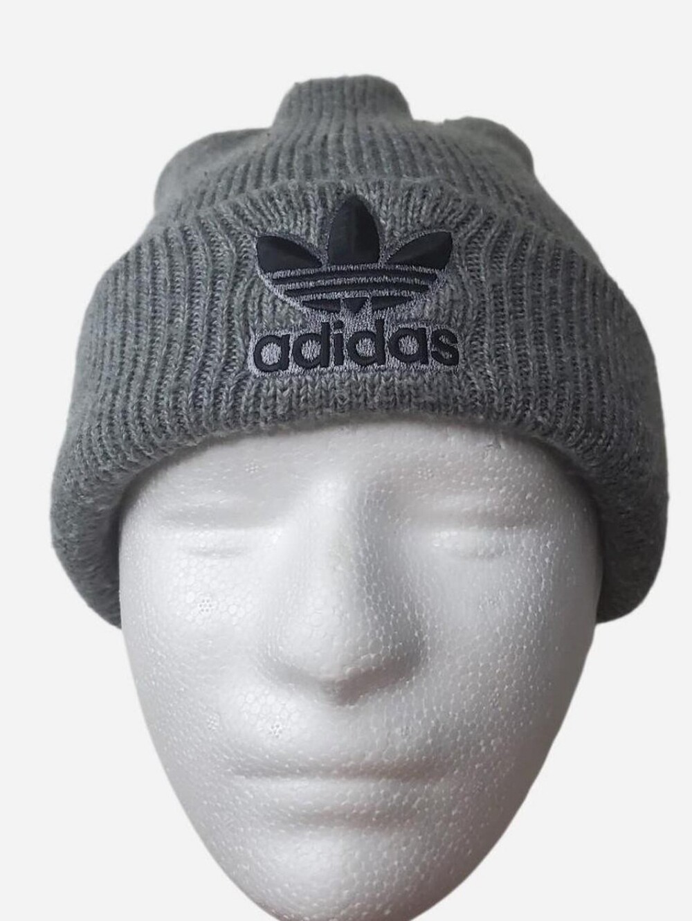 Vintage 90s Adidas Beanie Mens One Size Gray Knit Embroidered Trefoil Hat